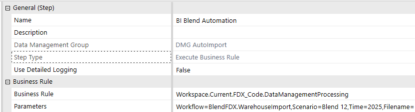 The data management step settings display. The Business Rule field value is Workspace.Current.FDX_Code.DataManagementProcessing